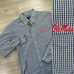 Antigua Ole Miss Mens Medium Navy Gingham Button Down Shirt Hotty Toddy Rebels